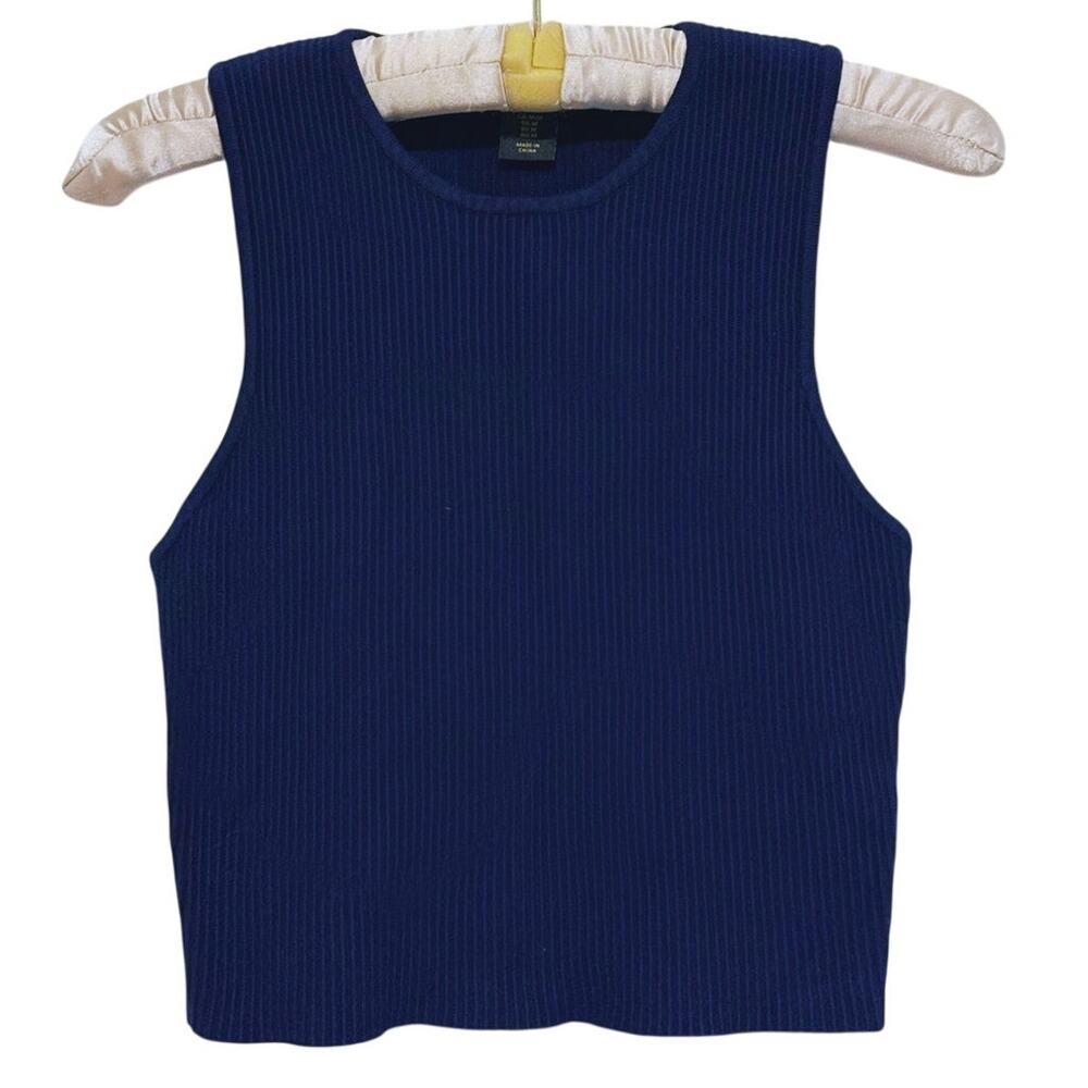 House of Harlow Ribbed Knit Tank Top Medium Navy Blue Quiet Luxury Coastal Layer